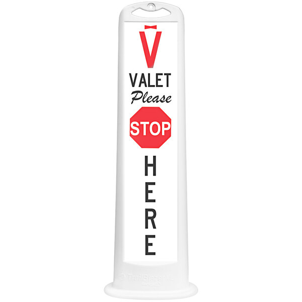 A white valet panel with red and black text reading "Please Stop Here"