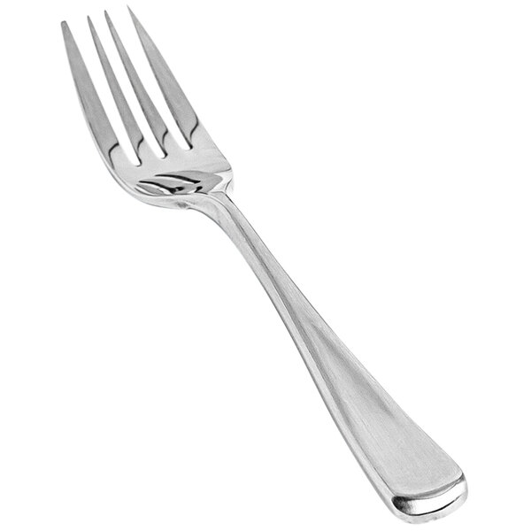 A close-up of the front of a Front of the House stainless steel salad/dessert fork with a silver handle.