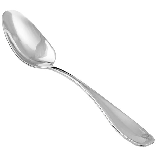The front of a silver Front of the House Cameron stainless steel spoon.