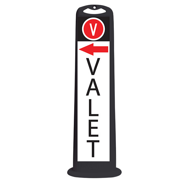 A black vertical parking lot sign with white letters reading "Valet" and a left pointing black arrow.