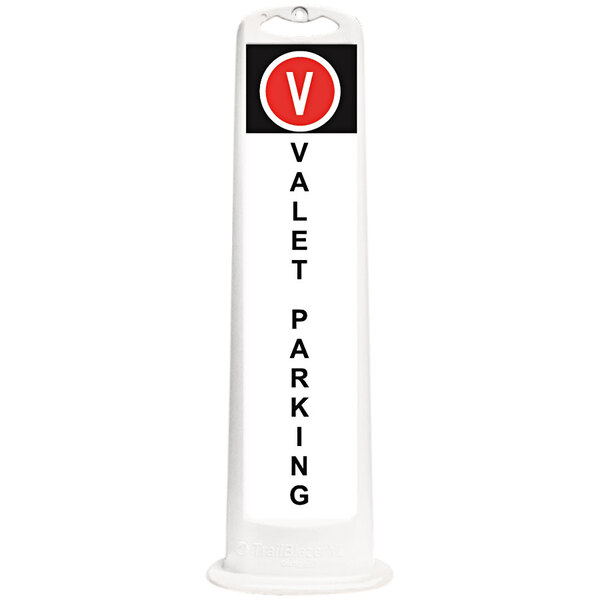 A white rectangular parking sign with black text reading "Valet Parking" and a red circle with a white letter v.