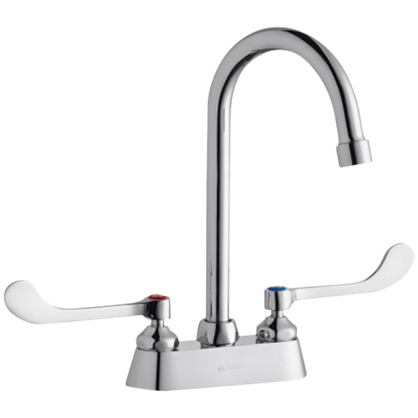 A silver Elkay deck-mount faucet with two gooseneck spouts and wristblade handles.