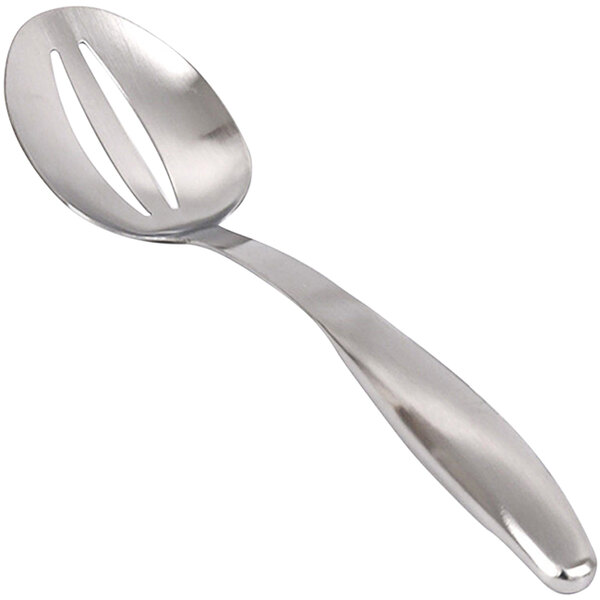 A Front of the House stainless steel slotted serving spoon with a handle.