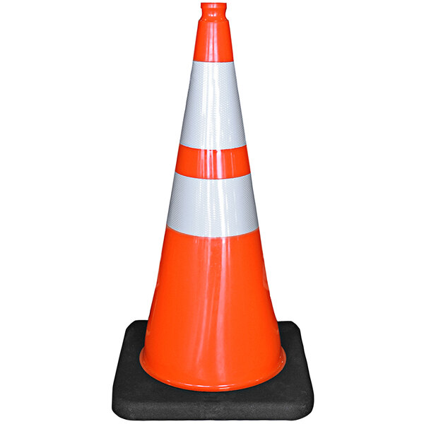 An orange Cortina traffic cone with a white top and base and double reflective collars.