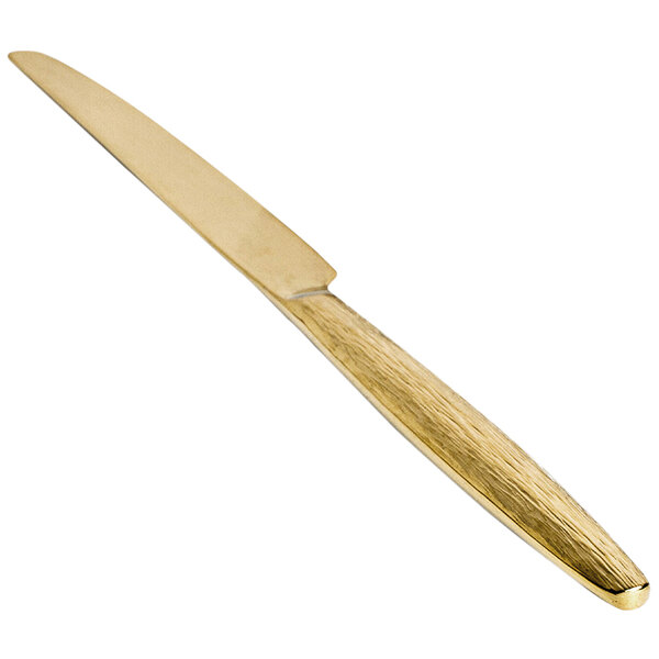 The front of a Front of the House Owen stainless steel dinner knife with a matte brass handle.