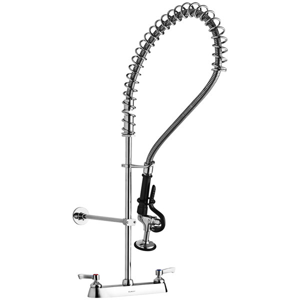 An Elkay chrome deck mount pre-rinse faucet with a curved hose.