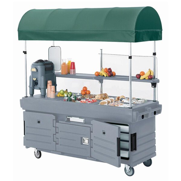 A granite gray Cambro CamKiosk vending cart with a green canopy over pan wells.
