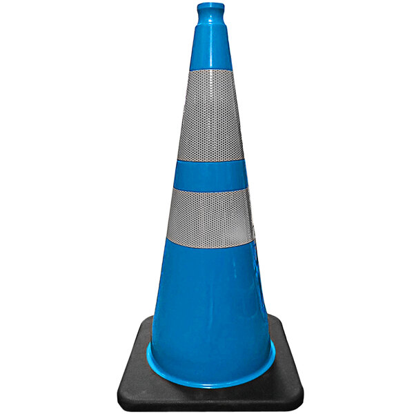 A blue and silver Cortina traffic cone on a black base.