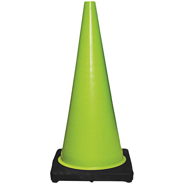 A green Cortina traffic cone on a black base.