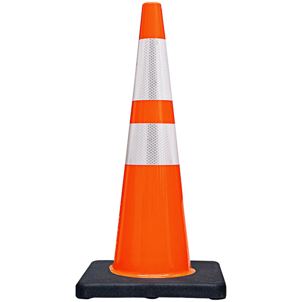An orange Cortina traffic cone with double white reflective collars on a black base.