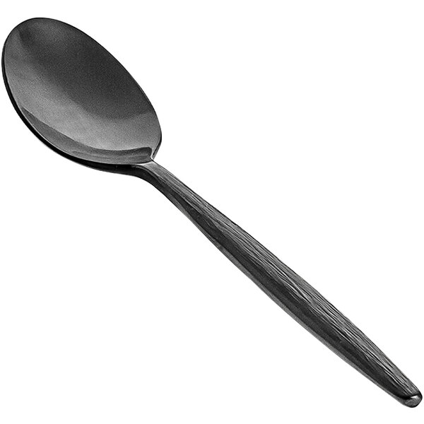 A Front of the House Owen stainless steel dinner/dessert spoon with a matte black finish.