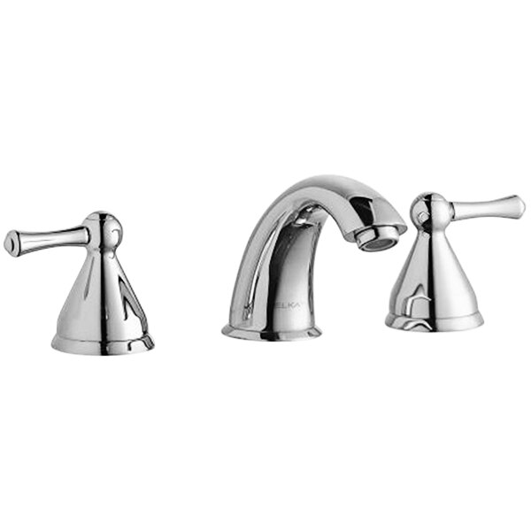 Two Elkay chrome deck-mount faucets with lever handles and adjustable centers.