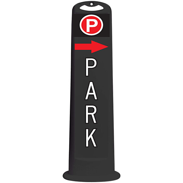 A black vertical sign with the word "Park" in white letters and a red right arrow pointing down.