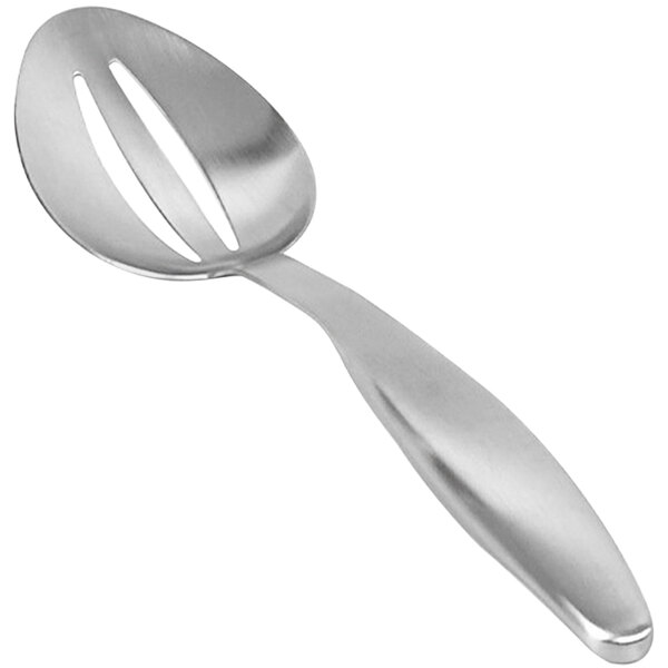 A close-up of the front of a stainless steel slotted serving spoon with a handle.