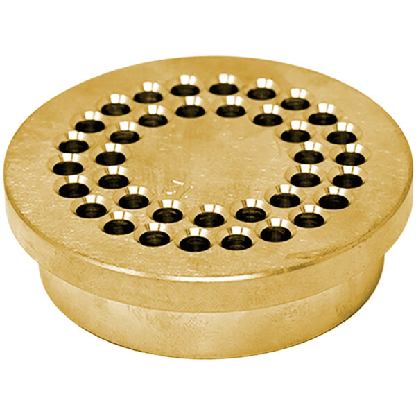 A circular gold metal pasta die with holes in a circular pattern.