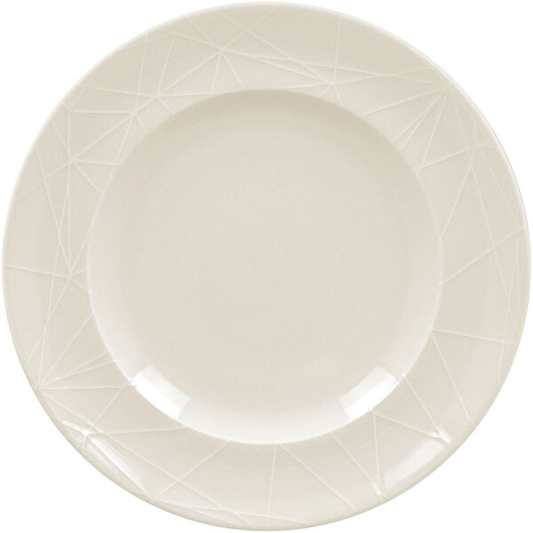 A white RAK Porcelain flat plate with an embossed design of lines.