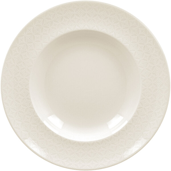 A white RAK Porcelain deep plate with an embossed lace design.