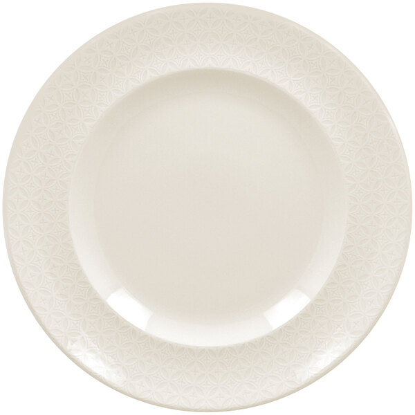 A white RAK Porcelain flat plate with a lace pattern.