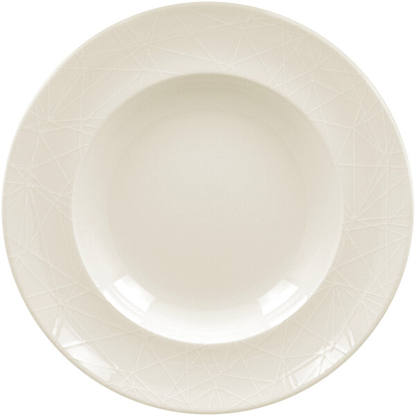 A RAK Porcelain ivory porcelain deep plate with a circular pattern on the rim.
