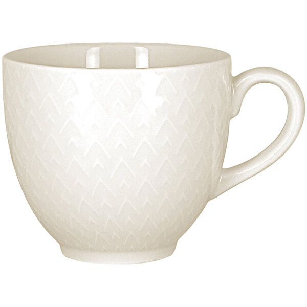 A white RAK Porcelain cup with an embossed pattern on the handle.