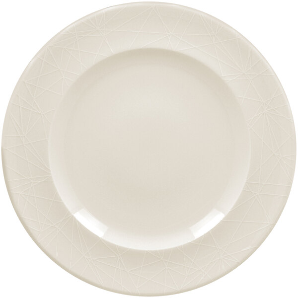A white RAK Porcelain flat plate with an embossed pattern of lines.