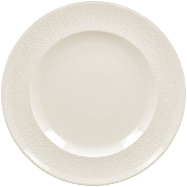A white RAK Porcelain flat plate with an embossed lace pattern.