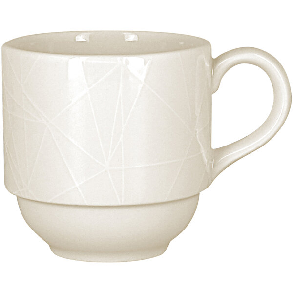 A white RAK Porcelain coffee cup with an embossed design.
