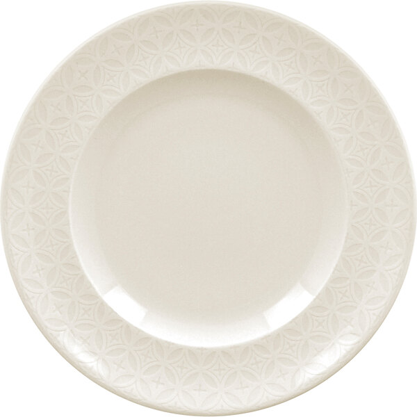 A white RAK Porcelain flat plate with an embossed lace pattern.