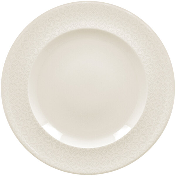 A white RAK Porcelain flat plate with an embossed lace design.