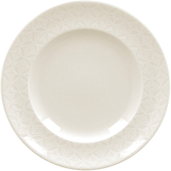 A RAK Porcelain ivory flat plate with an embossed lace pattern.