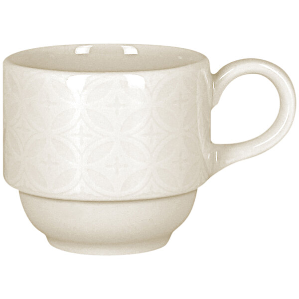A white RAK Porcelain stackable coffee cup with an embossed pattern.
