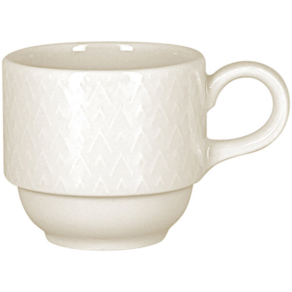 A white RAK Porcelain stackable coffee cup with an embossed design and a handle.