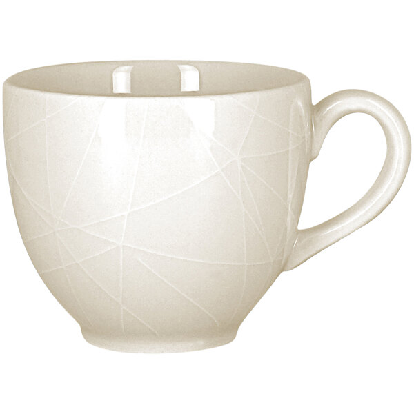 A RAK Porcelain ivory porcelain cup with a white handle.