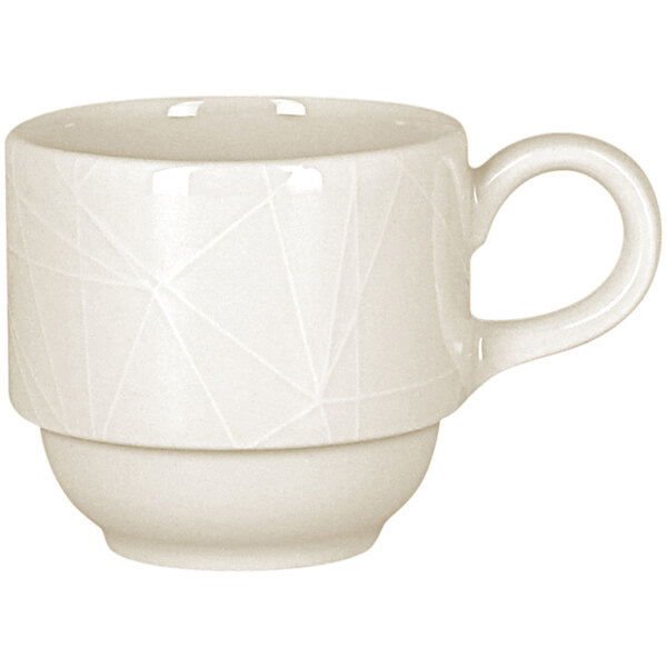A RAK Porcelain ivory coffee cup with an embossed design and a handle.