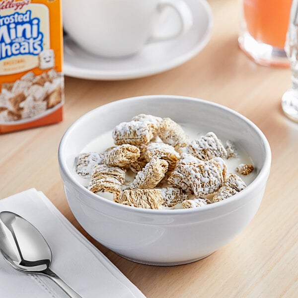 A close up of a package of Kellogg's Frosted Mini-Wheats cereal.