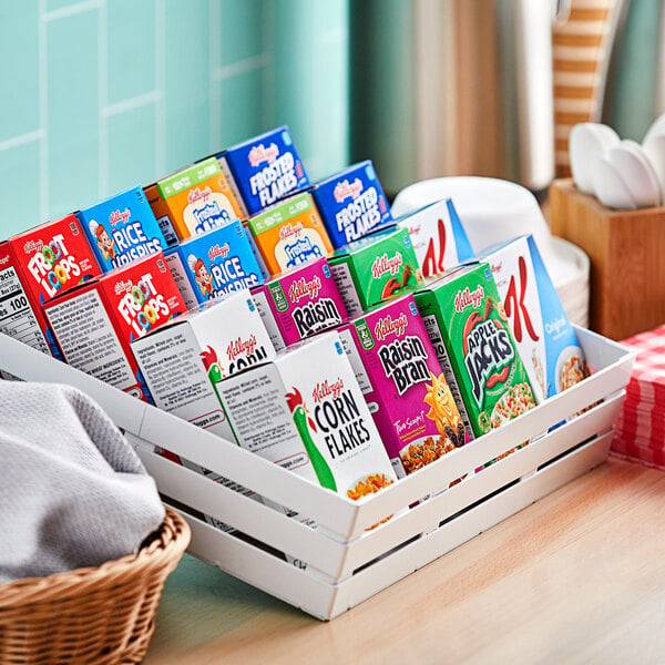 A basket of Kellogg's single-serve cereal boxes.