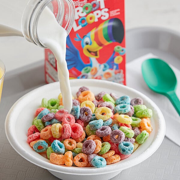 A bowl of Kellogg's Froot Loops cereal with milk.