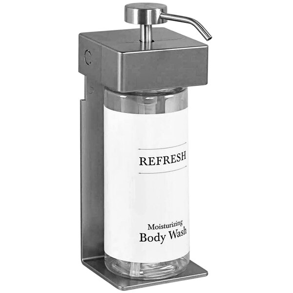 A white Dispenser Amenities wall mounted shower dispenser with oval bottle.