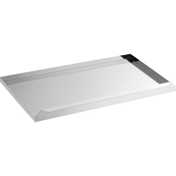 A white rectangular grease tray with silver trim and a black handle.