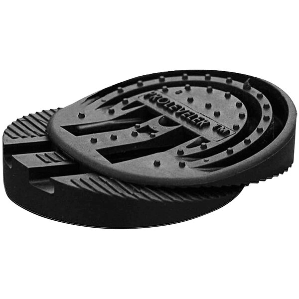 A black circular Pro Leveler self-locking pad with holes in it.