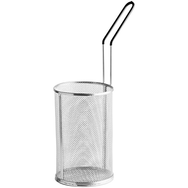 A silver stainless steel mesh basket with a handle.