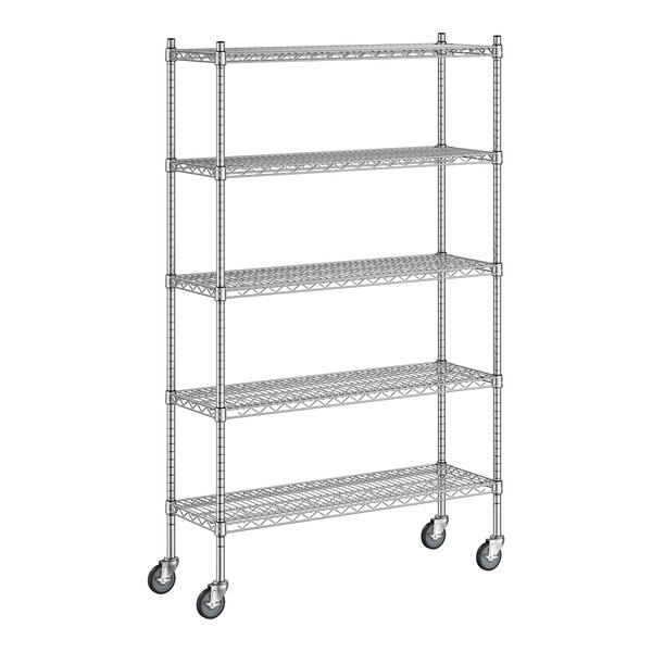 A white wireframe of a Regency chrome mobile wire shelving unit with 5 shelves.