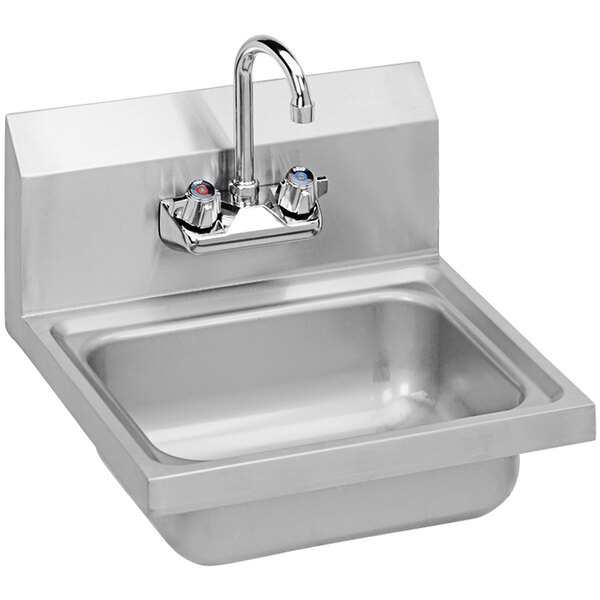 A silver Elkay stainless steel wall mount hand sink with a gooseneck faucet.