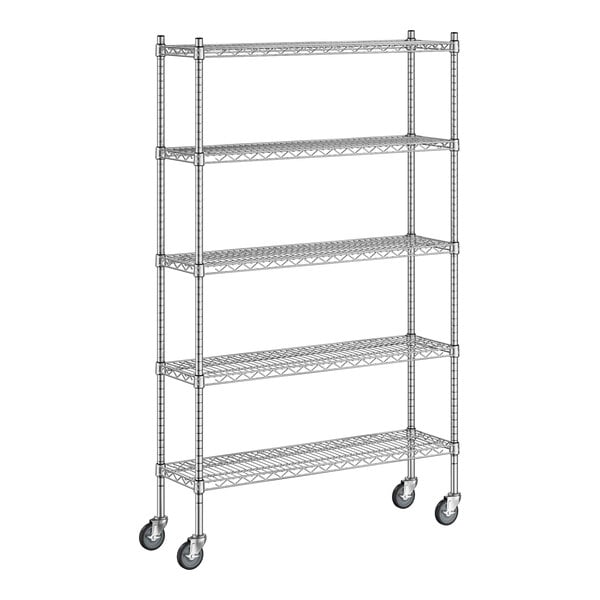 A wireframe of a Regency chrome mobile wire shelving unit with wheels.