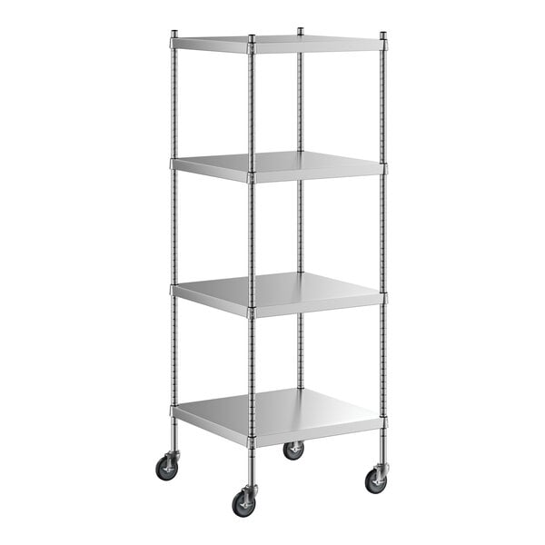 A Regency stainless steel mobile shelving unit with 4 shelves on wheels.