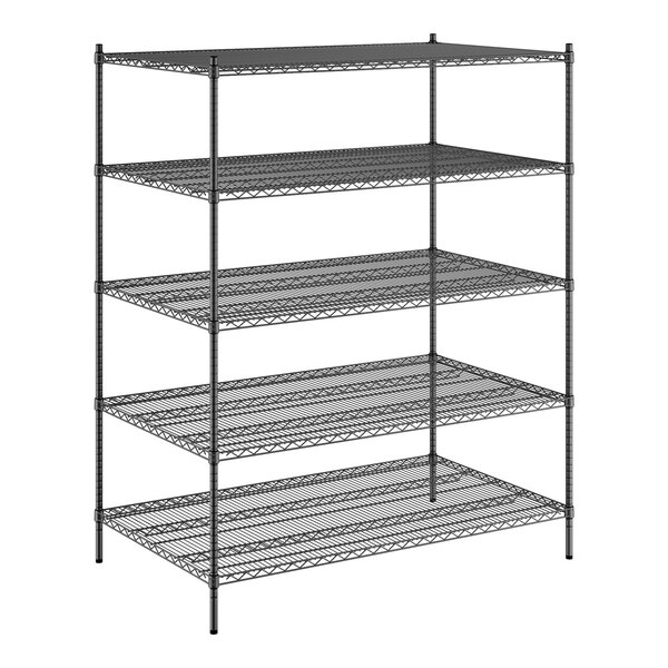 A black Regency wire shelving unit with five shelves.