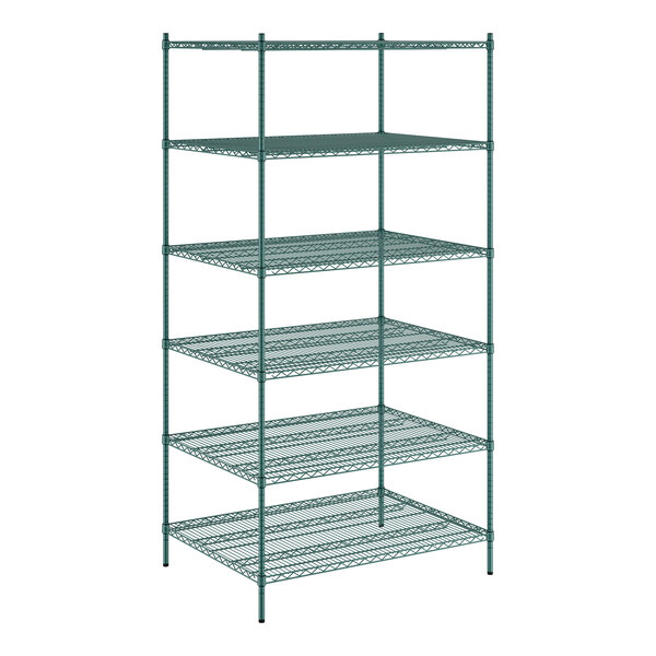 A Regency green metal wire shelving unit with six shelves.