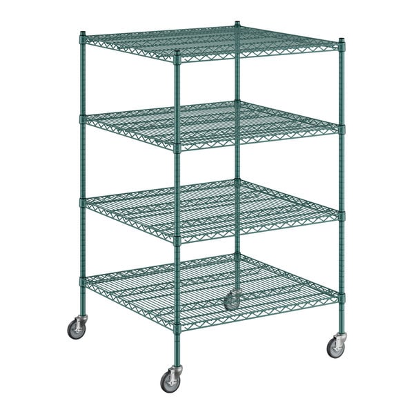 A Regency green wire shelving cart with wheels.
