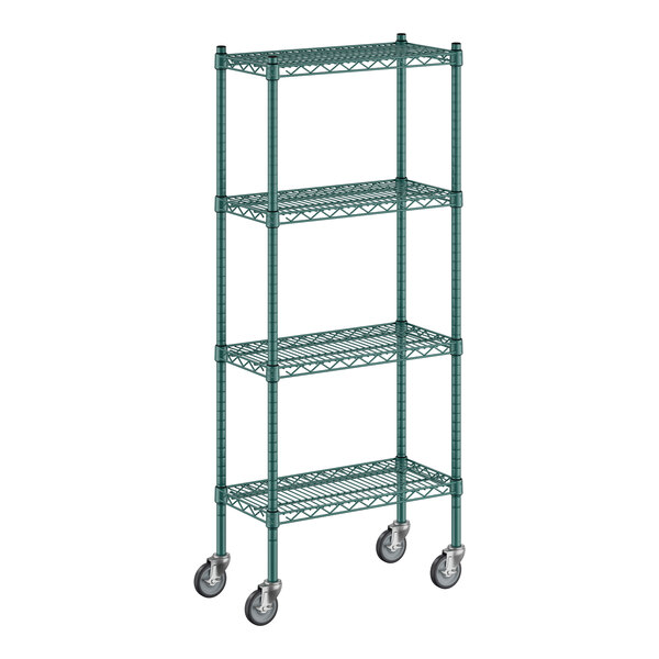 A Regency green metal wire shelving starter kit with wheels.