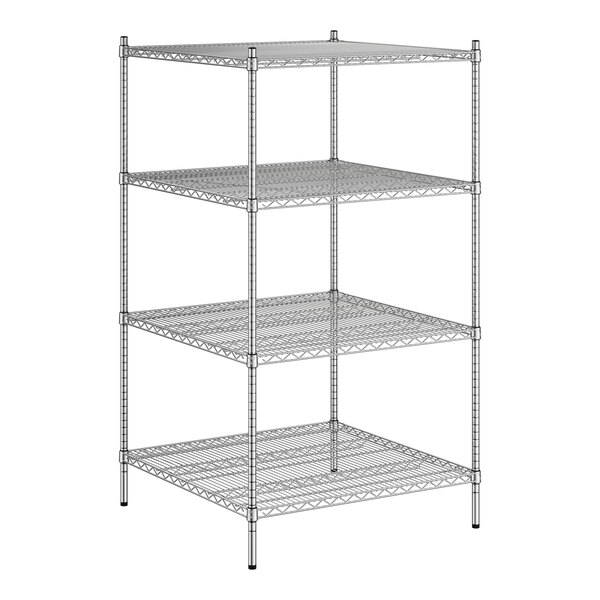 A white wireframe of a Regency stationary wire shelving unit with four shelves.